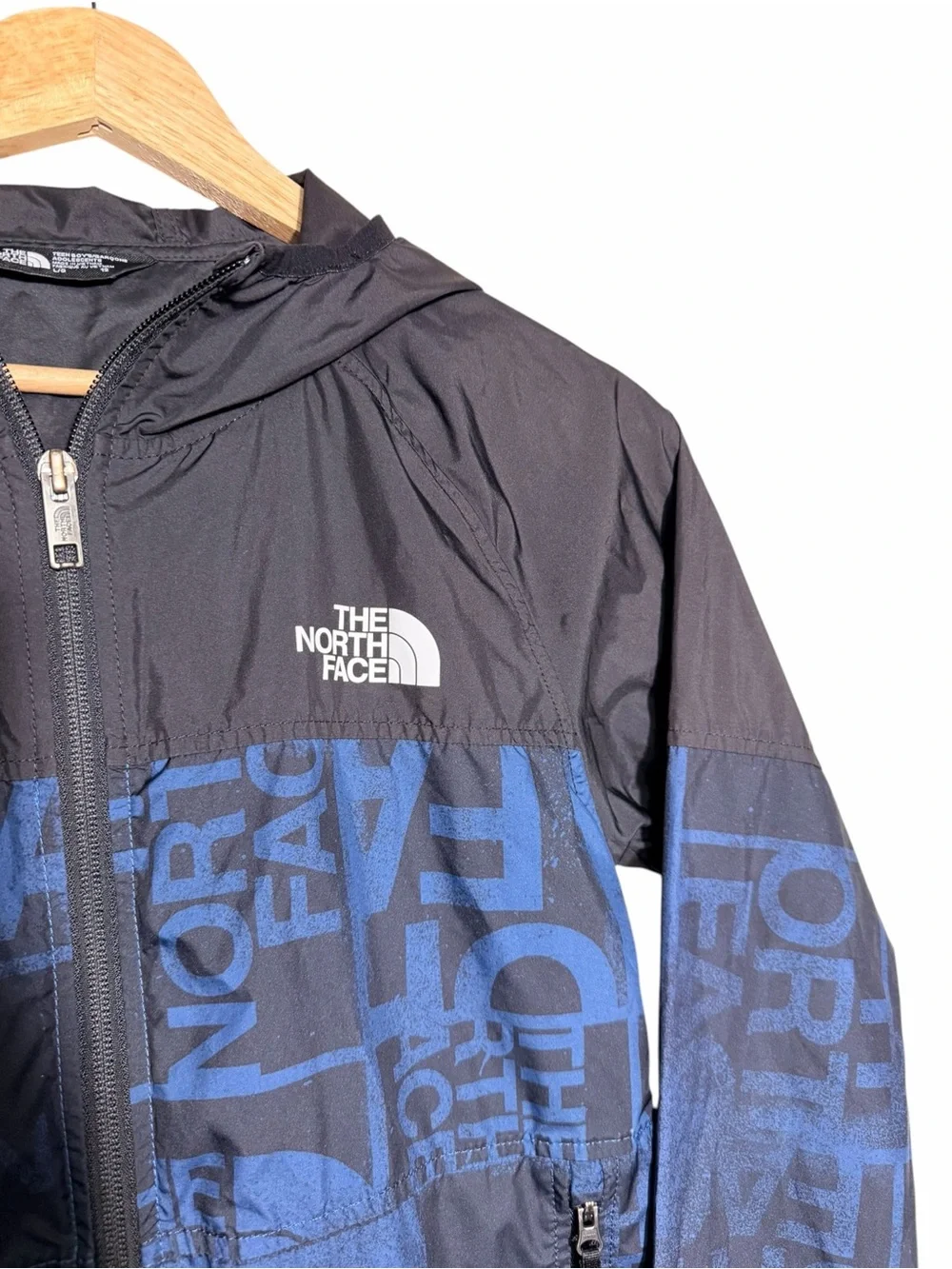 The North Face Black and Blue Logo Print Hooded Windbreaker Jacket
